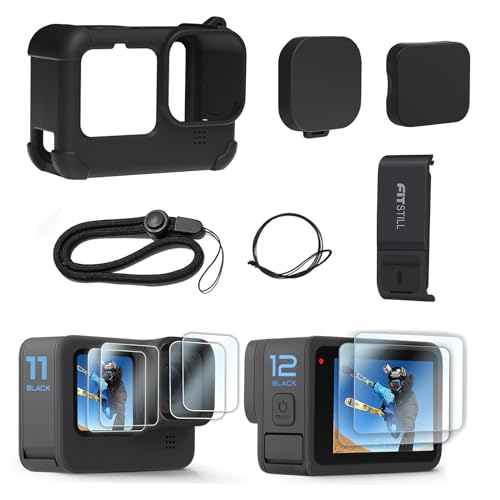 FitStill Silikonhülle für Go Pro Hero12 /Hero11 /Hero 10 /Hero 9 Schwarz, Batterieseitige Abdeckung & Objektivdeckel & Displayschutzfolien & Lanyard für Go Pro Hero 12/11 /10/9 Schwarz Zubehör Kit