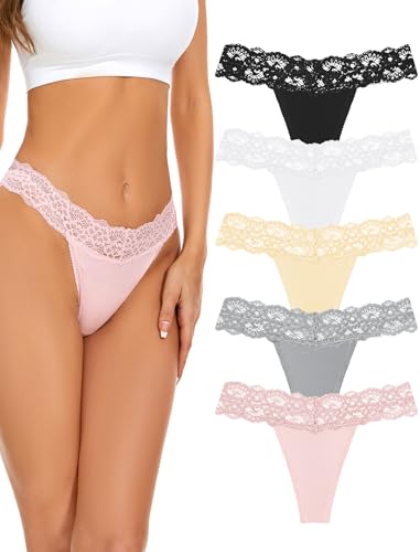 VOENXE Spitze String Tanga Damen Unterhosen,Nahtlos Unterwäsche Frauen Mehrpack,Seamless Invisible Lace Slip Panty,Ohne Naht Komfortabel Unterhose Underwear,Atmungsaktiv Thong,5 Pack Set