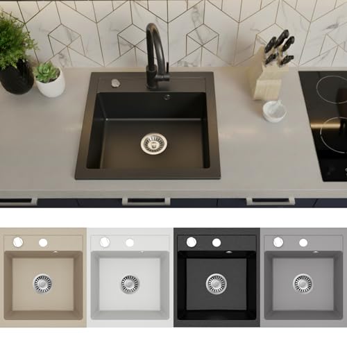 Faizee Home | Spülbecken Granit Schwarz 49x52 cm | Hochwertige Küchenspüle & Einbauspüle | Eckiges Spülbecken | Beidseitig montierbare Granitspüle | Einbaugranitspüle ab 45 cm | Inkl. Siphon-Set