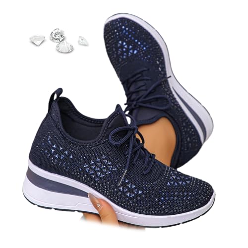 Damen-Sneaker mit glitzernden Strasssteinen, modisch, atmungsaktiv, Keilabsatz, Netzstoff, Schlupfschuhe, Wanderschuhe, dunkelblau, 0 UK Wide