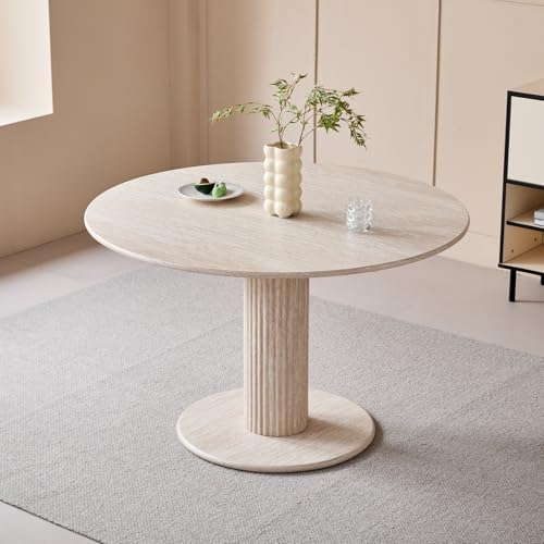 JZGORC Runder Esstisch mit Zylindrischen Tischbeinen, Marmoroptik, Moderner Minimalistischer Esstisch für Wohnzimmer oder Küche, 115 x 115 x 75 cm – Gelber Travertin