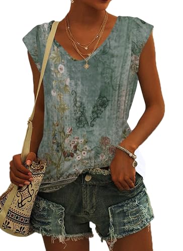 NARRAME Damen T-Shirt Sommer Blusen Kurzarm V Ausschnitt Tshirt Leicht Lässig Luftig Tank Top Blumenmuster Grünrosa Groß L 42-44