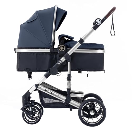 Daliya® NEOMOVE 2in1 Kombi-Kinderwagen | Buggy | klappbare Babywanne und Sportsitz | Große Räder | Rückenlehne stufenlos | Leichter Alu-Rahmen | Großer Einkaufskorb (Silber-Blau)
