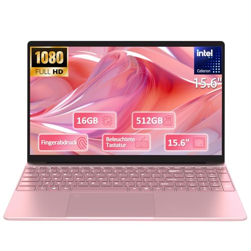 2026 Neueste 15.6 Zoll FHD Laptop|16GB RAM 512GB SSD|Celeron 5205U Prozessor |QWERTY Tastatur mit Hintergrundbeleuchtung|Fingerabdruckleser|WiFi |HDMI|Notebook Computer für Unternehmen und Studenten|