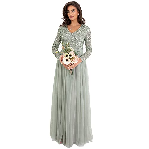 Maya Deluxe Women's Womens Ladies Sleeve for Wedding Guest V Neck High Empire Waist Maxi Long Length Evening Bridesmaid Prom Dress, Green Lily, 42 EU