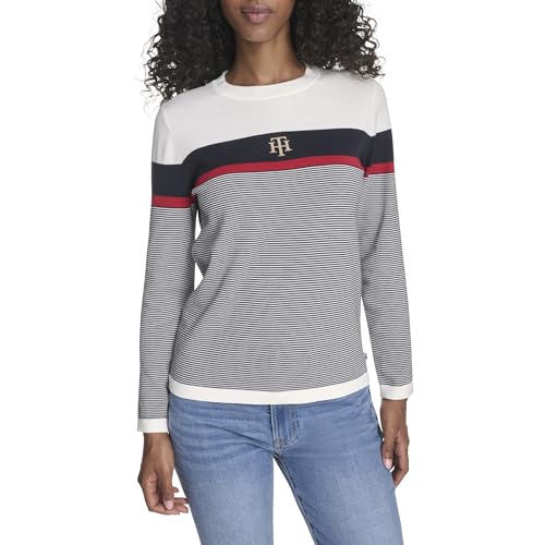 Tommy Hilfiger Damen-Pullover, langärmelig, Baumwolle, Rundhalsausschnitt, Elfenbeinfarbener Rundhalsausschnitt, X-Groß