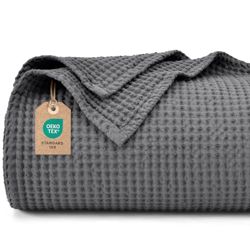 PHF 100% baumwolle waffledecke Kuschedecke 150x200cm, leicht & atmungsaktiv, perfekt für das ganze Jahr - OEKO-TEX® zertifiziert - Hotelwäschequalität - Ideal für Sofa Couch Bett, Anthrazit
