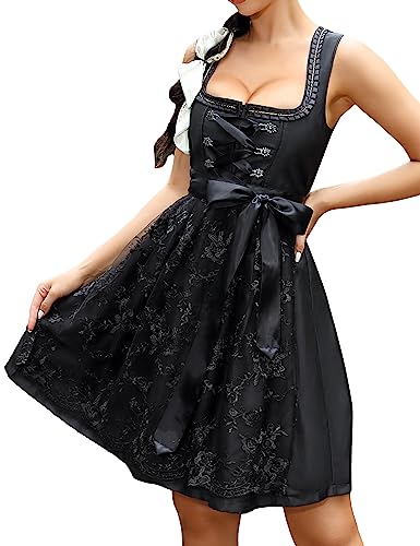 KOJOOIN Damen Dirndl 2tlg. Midi Trachtenkleid Kurz Dirndlkleid mit Dirndlschürze für Oktoberfest Schwarz B(High-End) 38