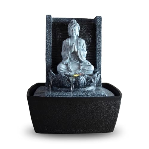 Zen'Light - Zimmerbrunnen Nirvana - Wasserfall mit Buddha & Weißer LED-Beleuchtung - Moderne Zen Deko, Ideal für Meditation & Entspannung - Feng Shui - H 26cm, Grau