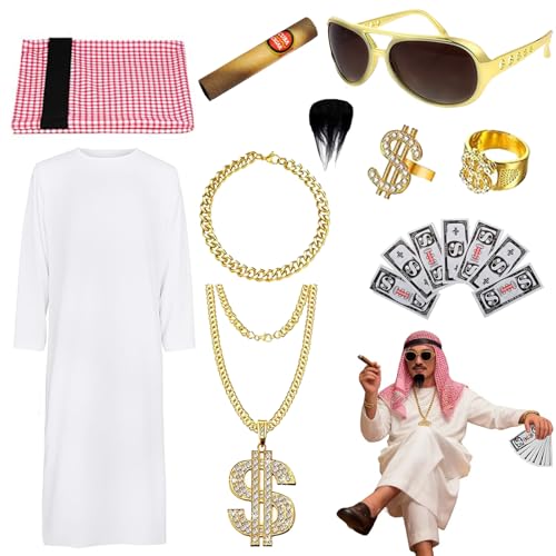 Atsmoce Kostüm Arabischer Scheich Herren, Araber Scheich Kostüm, Araber Scheich Verkleidung mit Kopftuch und Requisiten für Cosplay, Carneval, Halloween, Themenpartys (L)