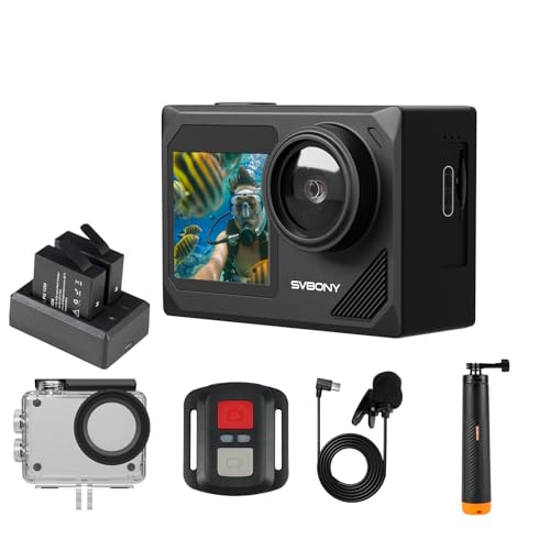SVBONY SVGo2 4K Unterwasserkamera, Action-Kamera mit Auftriebsstab, EIS, Wasserdicht bis 30m, Touchscreen, Dual-Screen, 2x1350mAh Akkus, 140° Weitwinkel, WLAN, Zubehörset zum Schnorcheln、Skifahren