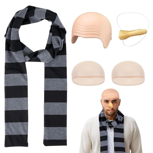 MeYuxg 4 Stück Karneval Kostüm Zubehör, Schwarzer und Grau Schal, Karnevalskostüm Zubehör mit Falscher Nase und Glatzen Kappe, Weihnachten Halloween Karneval Kostüm Zubehör für Herren