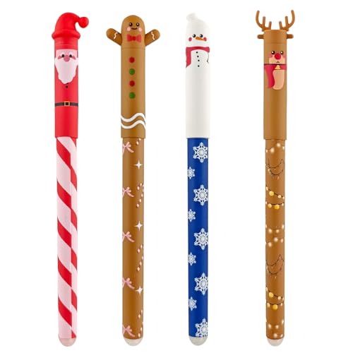 wokdsbl 2025 Weihnachtsstifte Set, 4PCS Radierbare Gelstifte für Jungen Mädchen und Erwachsene, Süße Weihnachtsstifte - Santa, Schneemann, Lebkuchenmann, Rentier, Stifte für Schule und Büro