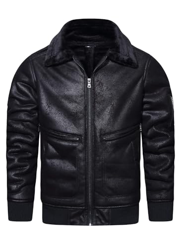 HOOD CREW Herren Kunstleder Jacke Warm Winter Pelz Mantel Motorrad Bomberjacke, Schwarz , M