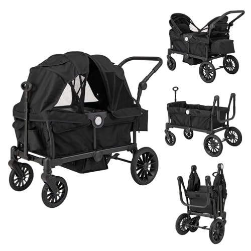 DREAMADE Kinderwagen für 2 Kinder, faltbar Bollerwagen mit Sonnendach, Zwillingskinderwagen mit verstellbaren Griffen, Sicherheitsgurt & Stauraumtaschen, Reisebuggy für Baby ab 6 Monaten (Schwarz)
