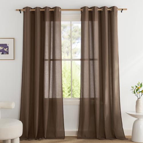 PONY DANCE Leinenvorhang Halbtransparent Wohnzimmer Gardinen mit Ösen 2er Set H 245 x B 140 cm Braun, Leinenoptik Vorhänge Boho Style Linen Curtains for Bedroom/Living Room