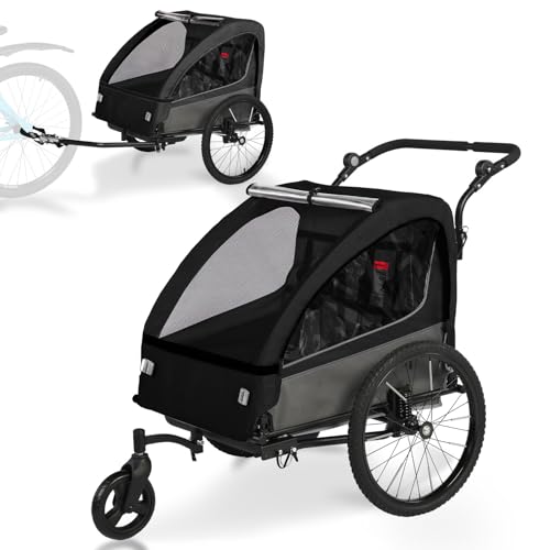 Kinderfahrradanhänger 2in1 mit Jogger & Buggy Funktion, Federung, höhenverstellbarem Schiebegriff & Handbremse, Fahrrad Anhänger für 1–2 Kinder, bis 40 kg, Schwarz