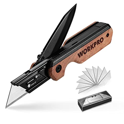 WORKPRO 2-IN-1 Taschenmesser klappbares Universalmesser, Klappmesser aus Aluminium, Faltbares Cuttermesser mit Holzgriff & Gürtelclip, Liner Lock, Schnellwechseln, inkl. 10 zusätzlichen Klingen
