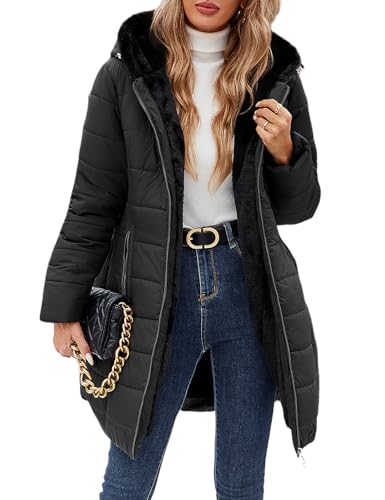 CMTOP Winterjacke Damen Gefüttert Fleecejacke Warme Steppjacke Dicke Wintermantel Parka Elegant Steppmantel Jacke Lang Fleece Damen-jacken Casual Winterparka mit Kapuze, Taschen(Schwarz,L)