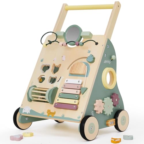 Labebe Lauflernwagen holz, 8-in-1 Verwendung als Laufwagen, Baby Lauflernhilfe Holz mit gummierten Holzrädern und Activity Center, Gehfrei Lauflernhilfe Baby/Gehhilfe