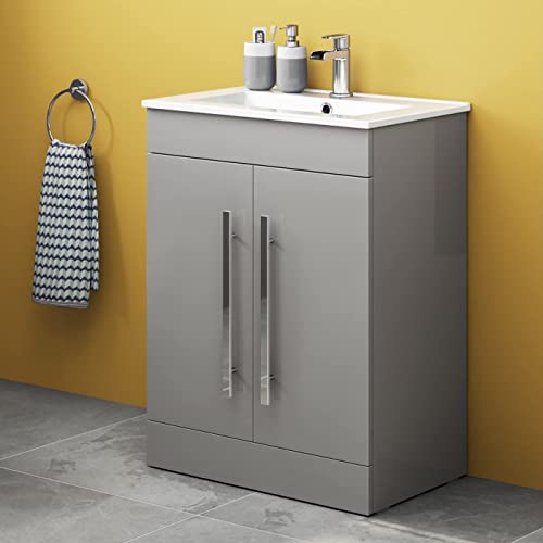INOBA home Waschtisch mit Unterschrank 60 cm Grau Hochglanz Waschtischunterschrank Badezimmerschrank Waschbecken mit Unterschrank für Badezimmer – Avon Kollektion