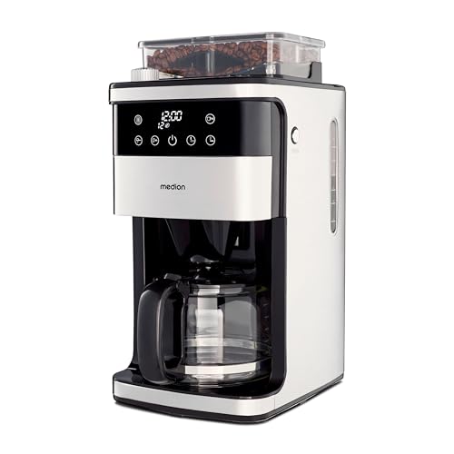 MEDION Kaffeemaschine mit Mahlwerk und Glaskanne (1,5 Liter, max. 12 Tassen, 8 Mahlstufen, max. 1050 Watt, 24 Stunden Timer, LED Display, Tropfstopp, Permanentfilter, MD19899)
