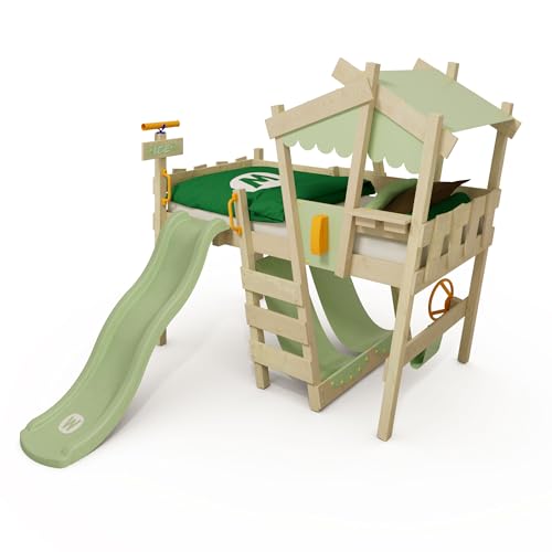 Wickey Kinderbett Hochbett Crazy Snuggy - mit pastellgrüner Rutsche & pastellgrüner Plane