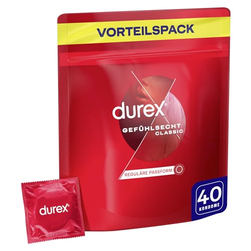 Durex Gefühlsecht Classic Kondome – Dünne Kondome mit anatomischer Easy-On-Form & mit Silikongleitgel befeuchtet – 40er Pack (1 x 40 Stück)