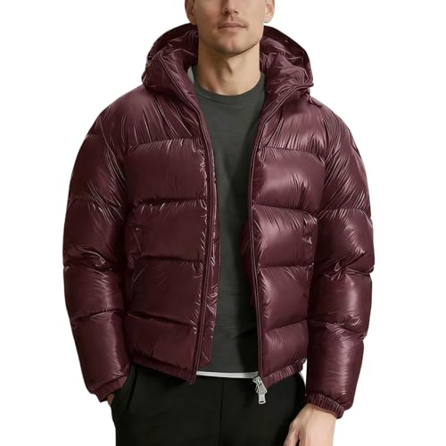 Generisch Glänzende Daunenjacke Herren Thermo Winterjacke Leichte Warme Daunenjacke Steppjacke Mit Kapuze Outdoor Puffer Jacke Puffermantel Langarm Wintermantel Wein M