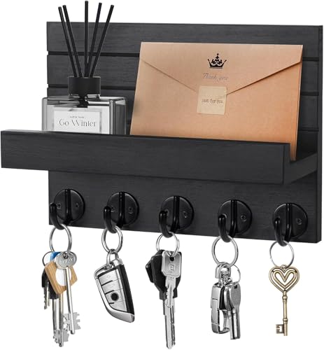Kldgris Schlüsselbrett mit Ablage, Dekoratives Holz Wandregal, Schlüsselbrett Holz Schwarz, mit 5 Schlüsselhaken, für Eingang, Flur, Schlafzimmer, Wohnzimmer