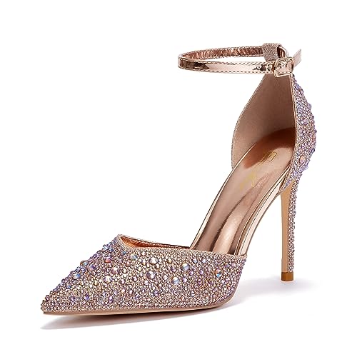 Zhabtuc Stiletto Pumps Damen Glitzer Strass Knöchelriemen High Heels 10 cm/3,94 Inches Funkelnde Spitze Absatzschuhe Party Hochzeit Heels Brautschuhe Glänzende Stöckelschuhe, Gold, 38 EU