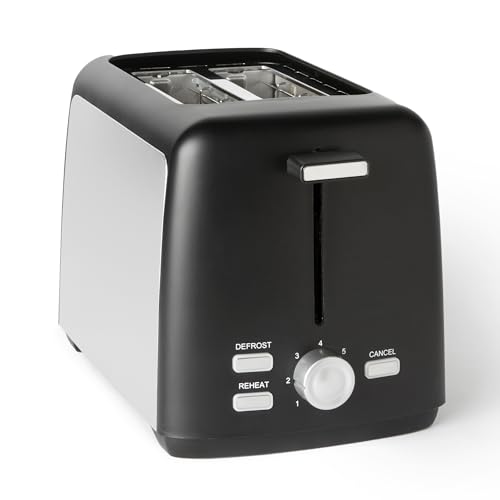Amazon Basics 2-Scheiben Toaster mit 7 Bräunungsstufen und Herausnehmbarer Krümelschublade, Extra Breite Schlitze, 800W, Schwarz