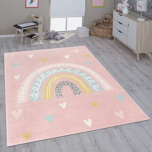 Paco Home Kinderteppich Teppich Kinderzimmer Mädchen Jungs Verschiedene Motive Und Größen, Grösse:80x150 cm, Farbe:Rosa Weiß