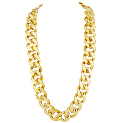 SOFPLATE Hip Hop Kette Gold Halskette Herren Kunststoff 90cm Kubanischen 90er 80er Gliedern Künstlich Golden Klobige Dick Groß Jahre Punk Stil Panzerkette Rapper Kostüm Umschlaghalsk