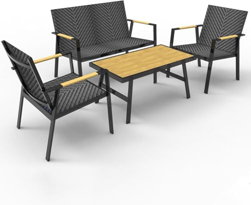 RANSENERS Premium Gartenmöbelset Wetterfest 4 Personen Outdoor - inkl. 2 Sessel Gartenbank Tisch - Aluminium Rahmen und Polyrattan Sitzfläche für Innen und Außen - Schwarz