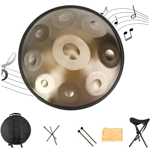 Handpan Drum Instrument, 22 Zoll Handpan Trommel Stahltrommel In D-Moll, 9 Noten 440Hz Percussion Musikinstrumente Handtrommel Set, Handgefertigt, Mit Tasche Schlägel Ständer - Gold