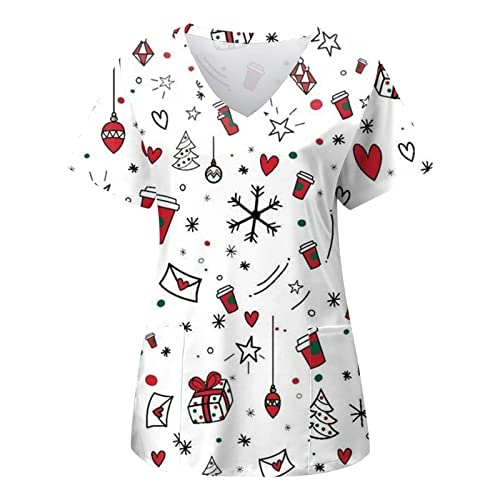 Generisch Weihnachts Kasack Damen Pflege Kurzarm V-Neck Motiv Medizin Pflegebekleidung Mit Taschen Lässig Locker Weihnachtsoutfit Kostüm Arbeitskleidung Altenpflege Damen