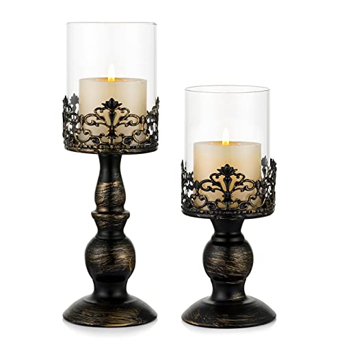 Sziqiqi Kerzenständer Set Vintage Distressed Black Hurricane Kerzenhalter 2 Stück, für Stumpenkerze Hochzeitsfeier Home Decoration Kamin Mantel Dekoration 27cm & 33cm