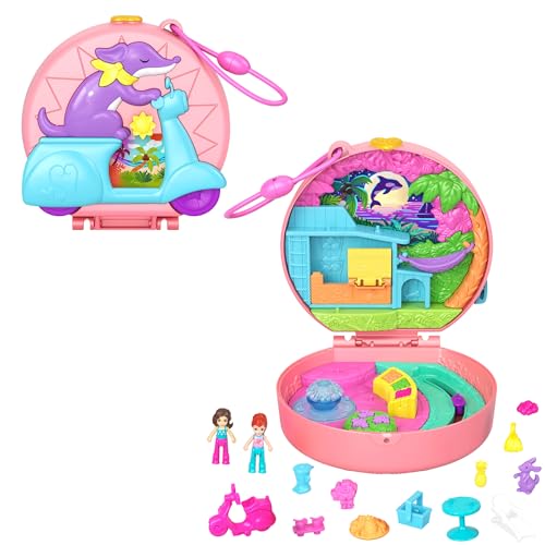 Polly Pocket-Puppen und Spielset, Adventure Moped-Schatulle, Reisespielzeug mit 2 kleinen Puppen und Tier, Zubehörteile für Tier und Fahrzeug, HWN98