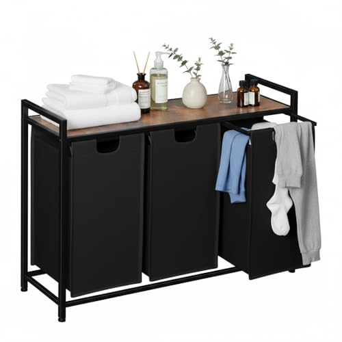 AMHANCIBLE Wäschekorb 3 Fächer, Wäschesammler mit Ablage, Wäschebox, Wäschesack aus Oxford-Gewebe ausziehbar abnehmbar, 38 L x 3, Stahlrahmen und obere Ablage, 92 x 30 x72cm, Rustic Braun EHLS03BR