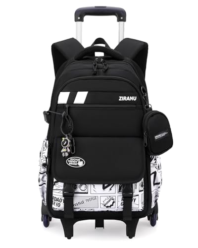 Tanou Trolley Rucksack für Jungen, 28L Schulranzen mit Rollen Schulrucksack Teenager, Abnehmbar Schultasche Trolley Jungen Herren mit Geldbörse und Anhänger, 6 Räder, Schwarz/Weiß