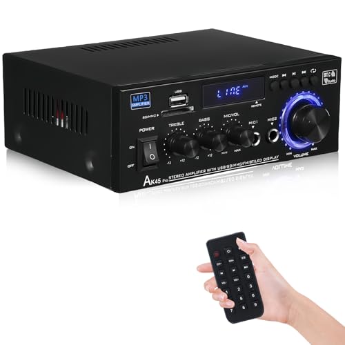 AK45 HiFi Verstärker Mini Stereo Bluetooth Radio Audio Verstärker Receiver, 12V/ 240V 2.0 Kanäle 40W X 2 Digitale Endverstärker mit FM-Radio, Fernbedienung, SD/USB-Eingang, MIC, BT, Soundverstärker