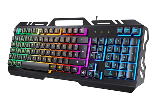 TedGem Gaming Tastatur, PC USB Kabelgebunden Tastaturs, 19 Schlüssel Anti-Ghosting mit Rainbow LED Beleuchtete, Handy Halter, Robust Metal Frame Für PC/Laptop/PS4/Xbox (Deutsches Layout)