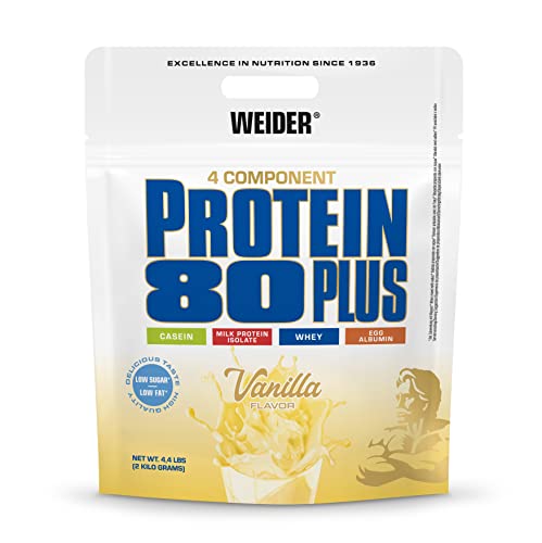 Weider - Protein 80 Plus - 4-Komponenten Protein Pulver - Hoher Proteingehalt mit 80% Eiweiß - Cremige Shakes mit Calcium & Vitamin B6 - 2kg - Vanille