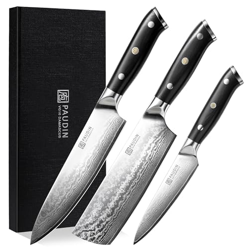 PAUDIN Damastmesser Set, 3-teiliges Messerset aus umweltfreundlichem & nachhaltigem 67 Schichten VG10 Damaststahl mit G10 Griff - Küchenmesser, japanisches messer, und Allzweckmesser mit hoher Härte
