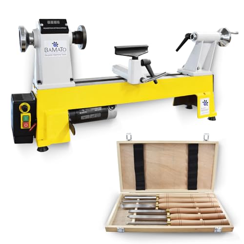 BAMATO Drechselmaschine WL-460V_SET2 | inkl. 6-tlg. HSS-Drechselsatz | 550W Leistung | M33 Gewindeaufnahme | 153mm Spitzenhöhe | Tischdrehbank Holz für Werkstatt