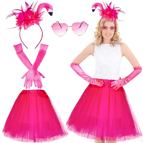 Echehi Flamingo Kostüm Damen Karneval Kostüm Damen, Flamingo Haarreif + 50cm Pinker Tüllrock + Rosa Handschuhe + Herzförmige Sonnenbrille Faschingskostüme Für Mottoparty Karneval Fasching