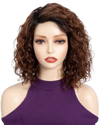 FASHION IDOL Kurze lockige Echthaar-Bob-Perücken für Frauen tragen und gehen Deep Wave Lace Front Perücke C-Teil 12“ Perücke Pre gerupft mit Babyhaar Schokoladenbraun 180% Dichte