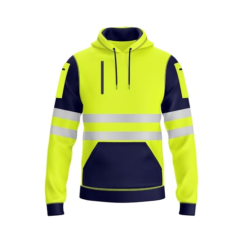 NOROZE Herren Hi-Viz Kapuzenpullover Grau Reflektierendes Band Hohe Sichtbarkeit Sicherheit Mantel mit 4 Reißverschluss Taschen Sweatshirt Jacke (XXL, Stil 4: Neongrün/Marine)