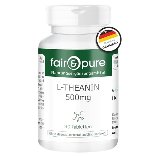 Fair & Pure L-Theanin 500 mg, 90 Tabletten, hochdosiert, Nahrungsergänzungsmittel vegan ohne Magnesiumstearat, in Deutschland hergestellt